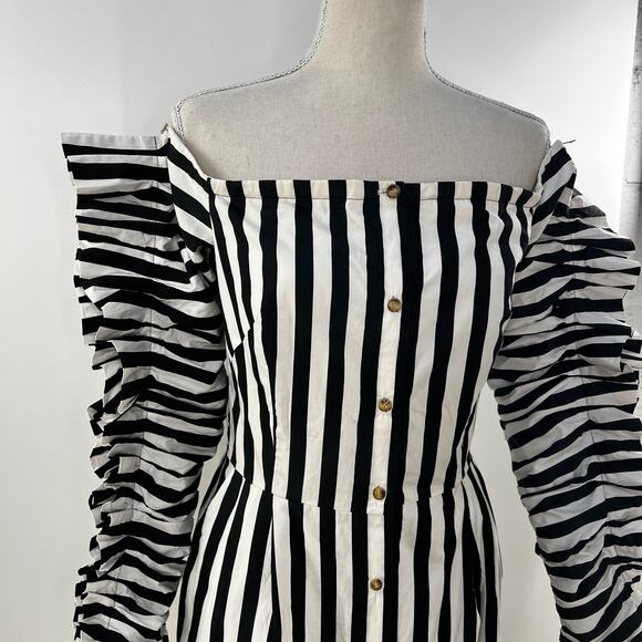 Anna October Off the Shoulder Stripe Dress Black White Midi Ruffle Sleeves - Picture 4 of 16
